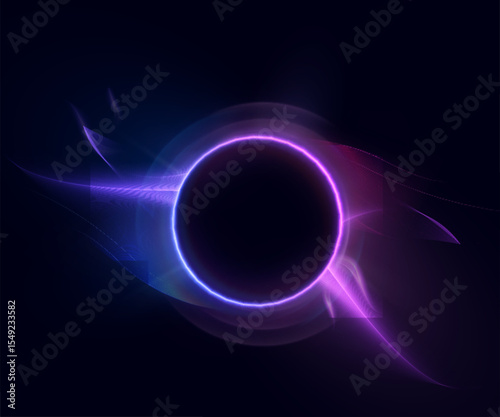 Circle of blue-violet glow with smooth wavy transitions on dark background. Suitable for interfaces, sci-fi visualization effects, portals, swirls, frames. Vector