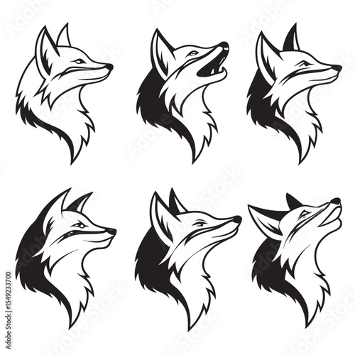 Six Black and White Fox Head Illustrations monochrome