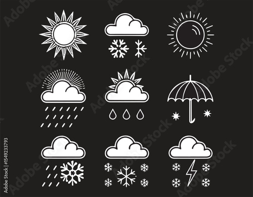 Weather Icons Sun, Rain, Snow, Clouds – Minimalist Line Art Illustrations