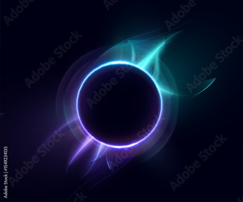 Glowing circular eclipse shape with blue and violet abstract light trails on dark background. Perfect for sci-fi concepts, energy design, HUD elements and digital effects.