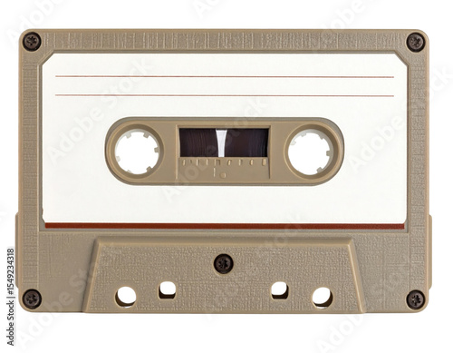 A vintage beige audio cassette tape featuring a blank white label and visible magnetic tape reels in the center.