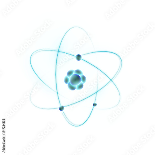 3D model of atom with bright electron orbits on white background. Scientific symbol for projects on physics, nanotechnology, education and chemistry. Vector