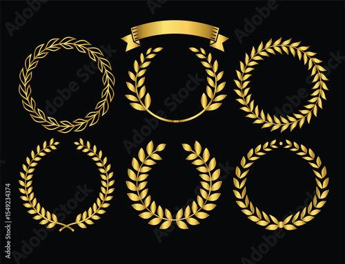 A row of golden laurel wreaths on a black background
