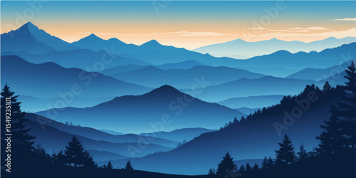 Sunrise over a majestic mountain landscape with a serene morning fog