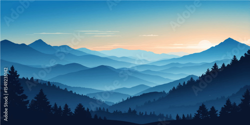 A breathtaking mountain landscape unfolds at dawn, with the sun's first rays piercing through the morning mist and clouds