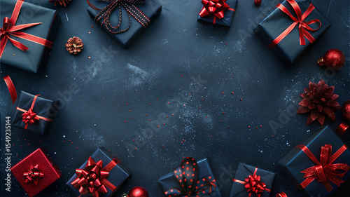 A top-down view of a dark, textured background, perfect for Christmas or holiday promotions.