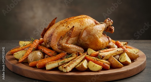 Golden-brown roasted chicken, perfectly complemented by roasted root vegetables, sits majestically on a rustic wooden board, a heartwarming feast ready to be shared.