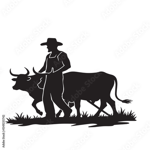 "Silhouette of Farmer Walking with Cow – Rural Agriculture Scene"

