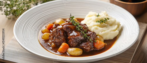 Fototapeta Naklejka Na Ścianę i Meble -  Beef Bourguignon with Mashed Potatoes and Carrots on a White Plate