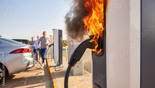 Electric Car Charging Station Fire With Men Running Away Outdoors On Sunny Day