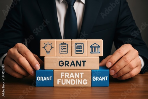 Wooden blocks arranged to illustrate grant funding.