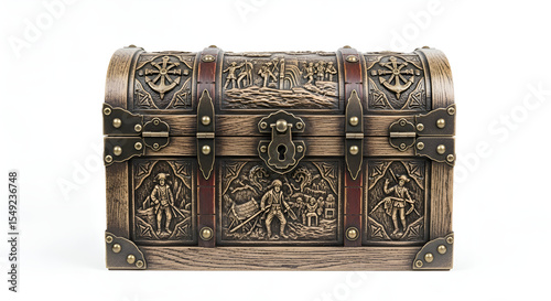 A centered decorative pirate treasure chest with closed lid, clean white backdrop