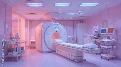 A modern medical room featuring an MRI machine, medical equipment, and a hospital bed. The space is well-lit with a soft pink hue, providing a clean and sterile environment.