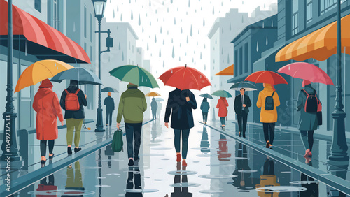 People walking in the rain under umbrellas, a concept of protection from the weather