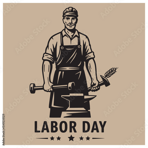 Labor day commemorative illustration of a blacksmith holding tools and anvil with wheat element