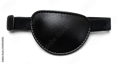 A centered and close up of pirate eye patch made of black leather with elastic strap, on clean white background