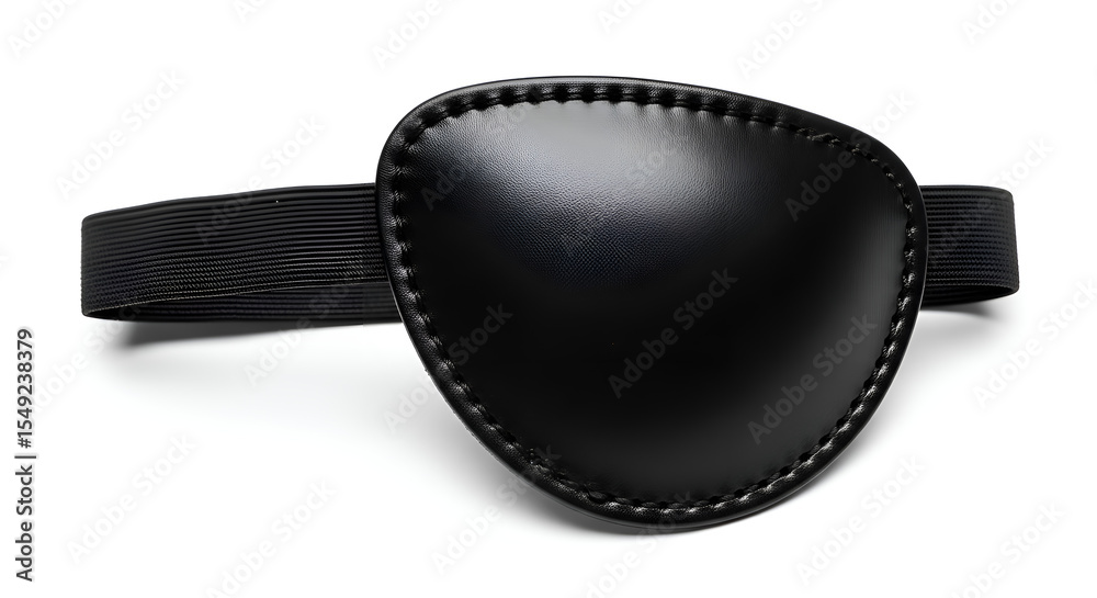 Naklejka premium A close up of pirate eye patch made of black leather with elastic strap, on clean white background