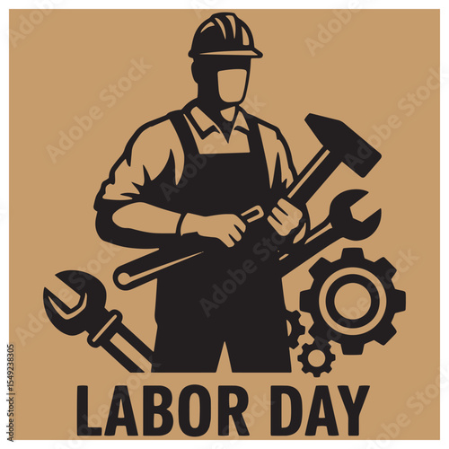 Labor day illustration celebrating the american workforce with a construction worker and tools