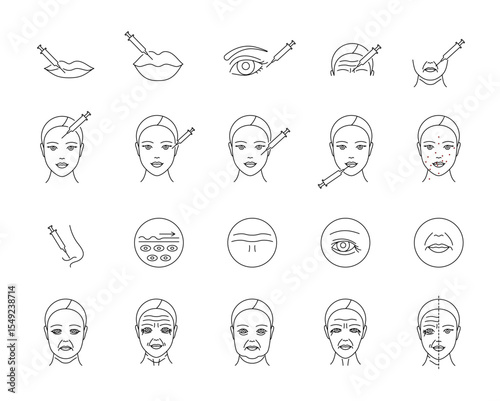 Cosmetology icons set: fillers, botox, mesotherapy, lip augmentation, microneedling, beauty injections. Linear style, editable stroke