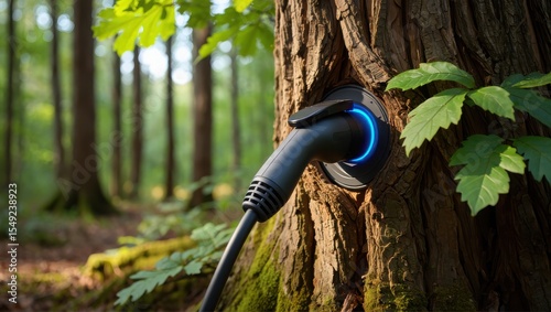 Electric Vehicle Charging Cable Connected to Tree Trunk in Forest Symbolizing Green Energy and Sustainability