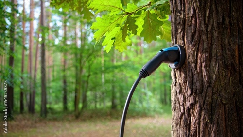 Electric Vehicle Charging Cable Connected to Tree in Lush Green Forest