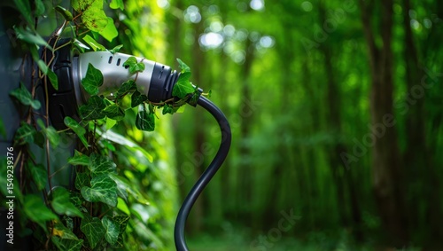 Electric Vehicle Charger Plug Connected Amid Green Ivy in Forest Setting