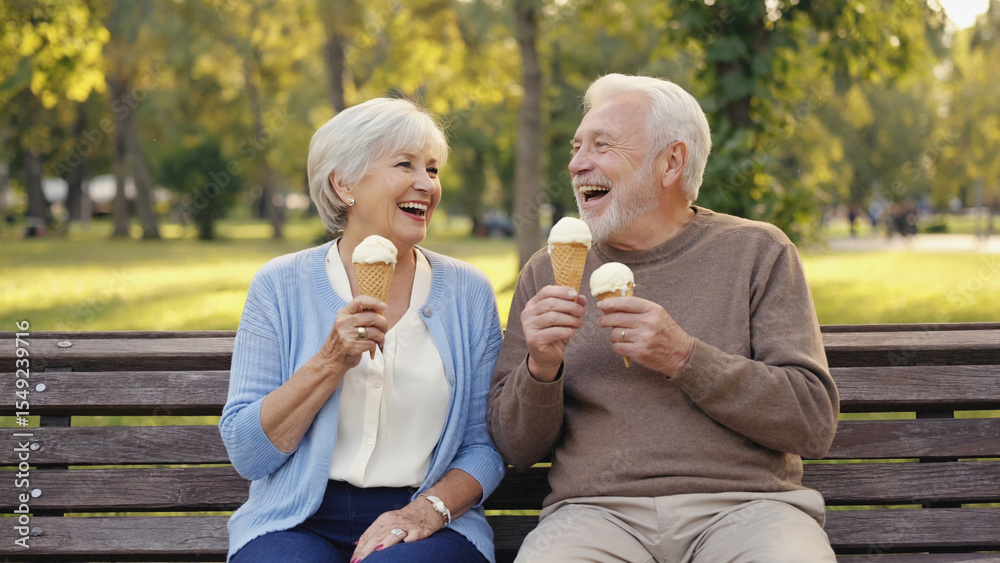 Fototapeta premium A couple shares a sweet moment eating ice cream cones while seated on a bench