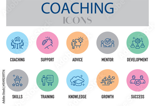 Set of modern flat coaching icons including support, advice, mentor, development, skills, training, knowledge, growth, and success. Perfect for business, HR, leadership, or education projects.