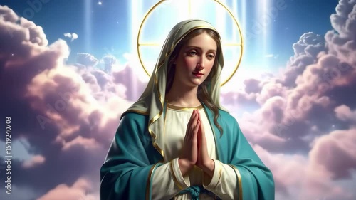 Young woman in blue robe with halo prays in sky among glowing clouds, evoking peace, faith and divinity – spirituality, religion and inspiration