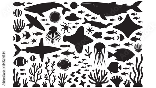 Ocean Life Silhouette Icons Diverse Set of Marine Animals and Coral Reef Vector Graphics
