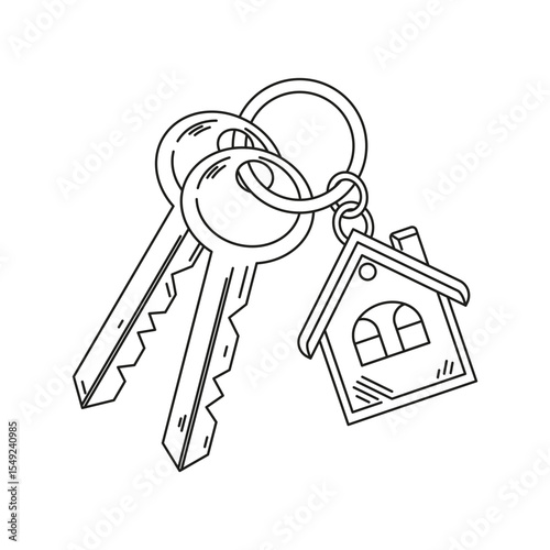 A bunch of two keys with a keychain for mortise locks on a white background