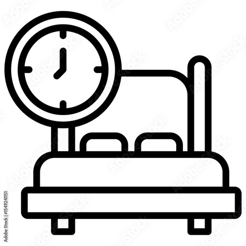 Sleep Time - Outline Style Icon - bed with a clock, representing scheduled or sufficient sleep time
