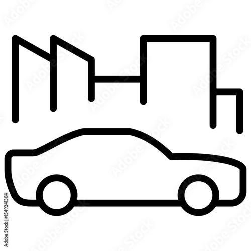 City Drive - Outline Style Icon - car silhouette with urban skyline in the background, indicating city driving or commute