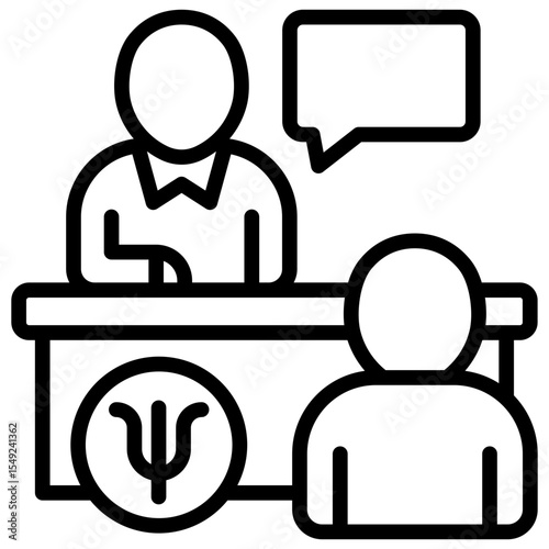Consultation - Outline Style Icon - desk scene with two people and a dialogue bubble, representing consultation or discussion