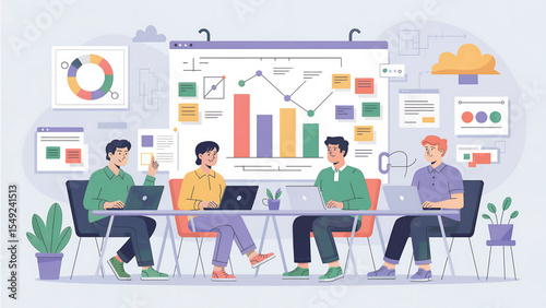 Global business team success: diverse people holding a chart with a graph on screen, illustrating communication and technological teamwork