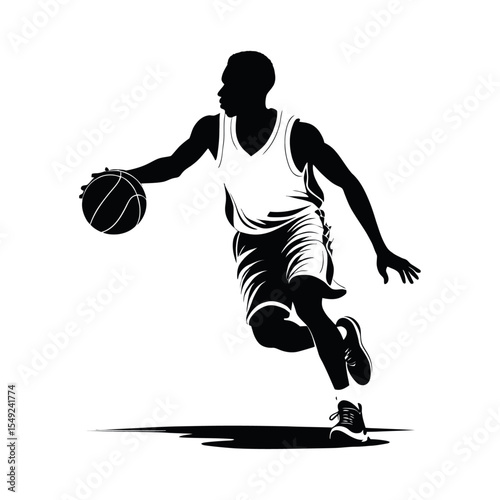 Basketball player dribbling the ball silhouette black and white vector design
