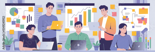 People in motion navigate a bustling city, their laptops and tablets connecting them to a digital network, embodying the future of business communication and team success