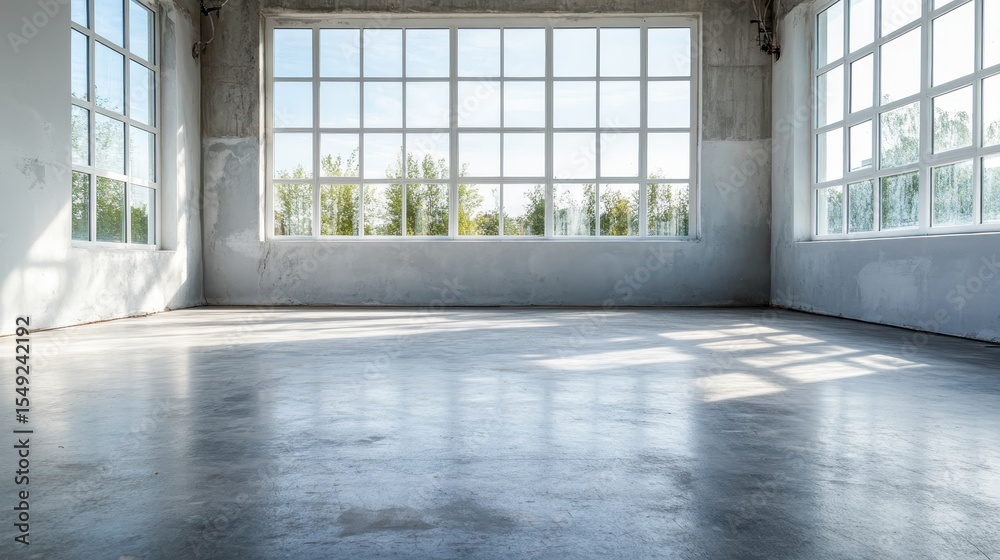 Fototapeta premium A bright and spacious room with large industrial-style windows, allowing natural light to flood in and creating an open, airy atmosphere for various uses or settings.