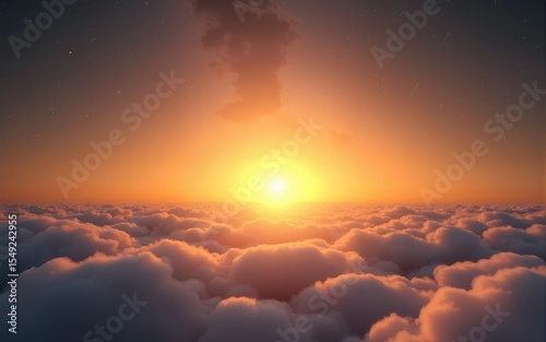 Golden sunrise above clouds, starry sky. Ideal for spiritual, inspirational themes. High quality