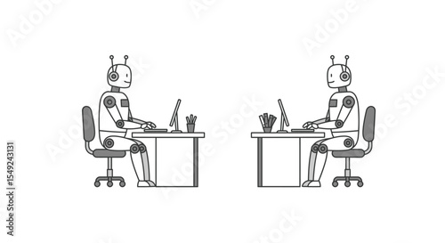 Flat outline vector of two robots replacing humans at office desks, symbolizing automation in modern jobs.