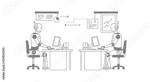 Flat outline vector of two robots replacing humans at office desks