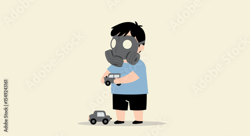 Flat minimalist vector of a child wearing a gas mask while playing with a toy, representing pollution