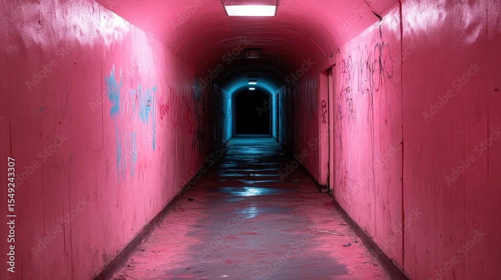Fototapeta premium A narrow, graffiti-covered tunnel glows with an eerie pink light, drawing the eye towards its dark end, evoking feelings of curiosity and suspense in urban exploration.