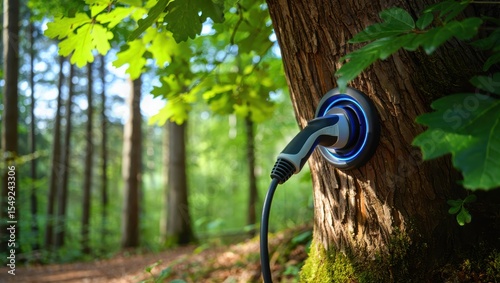 Electric Vehicle Charging Connector Plugged into Tree Mounted Outlet in Lush Forest