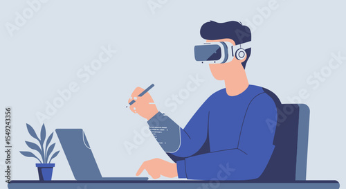Flat minimalist vector of a metaverse engineer wearing VR headset while writing code, futuristic workplace scene