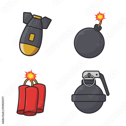 Cartoon Explosive Icons for Game and Comic Design – Bomb, Dynamite, Grenade Vector Set