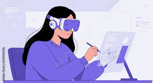 Flat minimalist vector of a metaverse engineer wearing VR headset while writing code, futuristic workplace scene