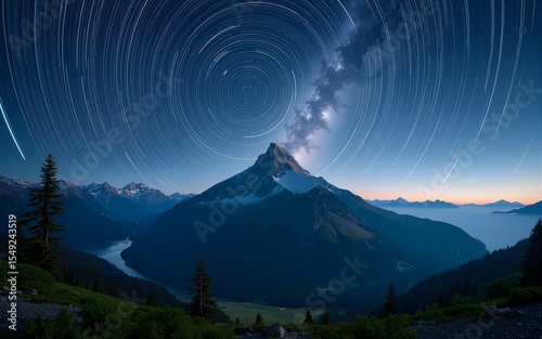 Celestial motion over a majestic mountain peak with lush greenery under a starry night sky - perfect for nature and adventure themes. High quality