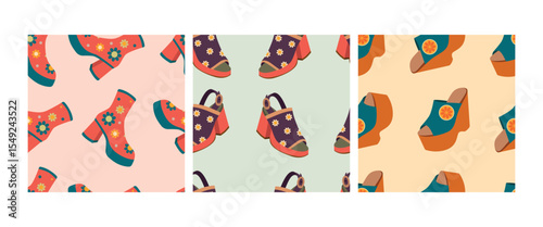 Floral and Citrus Shoe Pattern Set Vector Illustrations.