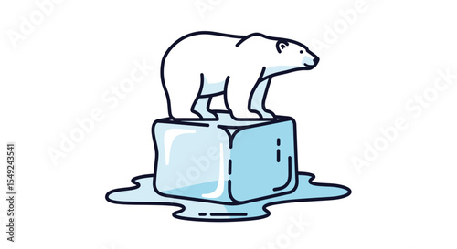 Flat minimalist vector of a polar bear standing on a melting ice cube, symbolizing global warming